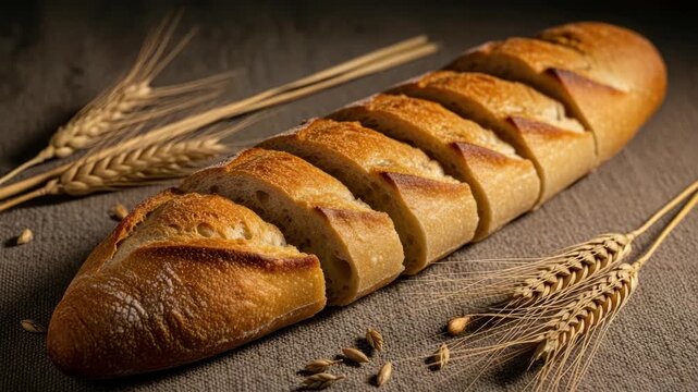 Sliced bread loaf with wheat stalks on textured surface