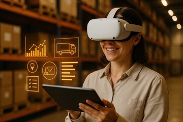 VR in Warehouse: A woman, immersed in virtual reality, navigates a warehouse environment, utilizing a tablet to monitor logistics, embodying innovation in industry