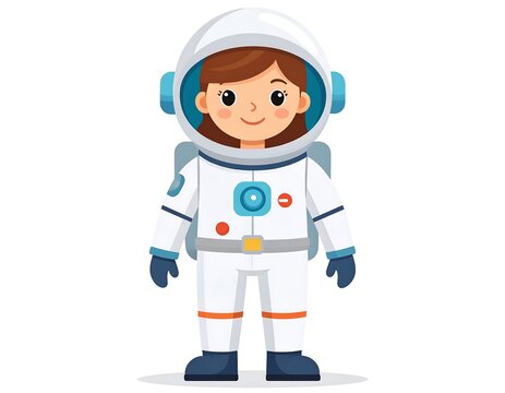 A cartoon illustration of a smiling girl in a spacesuit, standing against a white background