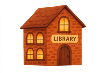 Library building cartoon with illuminated windows and a library sign featuring transparent background