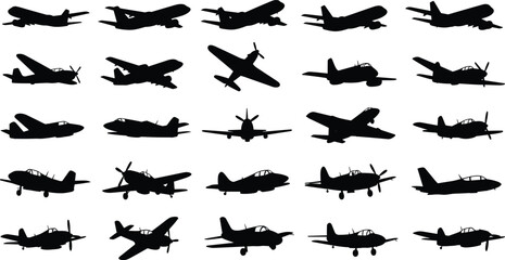 Aircraft silhouette illustration set, airplane types, black vector, aviation design, flight theme, propeller and jet artwork