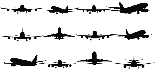 Airplane silhouette illustration set, black vector, aircraft icons, aviation theme, front and side views, flight design artwork © Hasem Creative