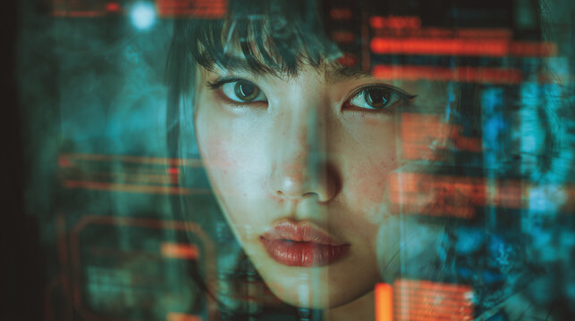 Artificial intelligence cyber security threat illustration, black woman working on a computer in a lab, IT specialist, AI in hacking coding & online fraud, AI engineer, inclusion in tech, side profile