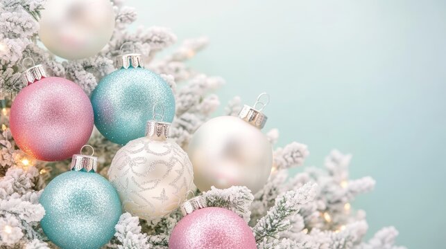Charming Christmas Scene with Elegant Decorated Fir Tree, Pastel Baubles, and Festive Atmosphere