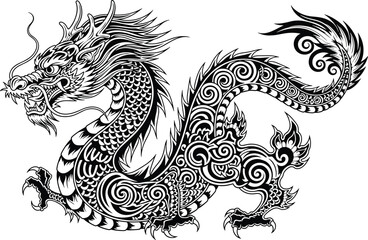 Asian dragon illustration, black vector, traditional style, ornamental design, mythical creature, swirling patterns, fierce pose artwork