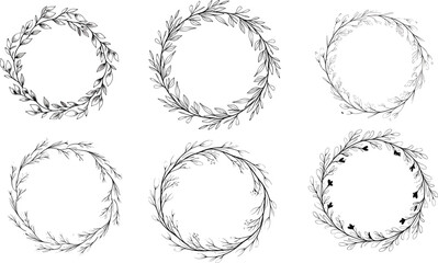 Botanical wreath illustration set, circular foliage designs, black line art, nature theme, decorative element, elegant vector artwork
