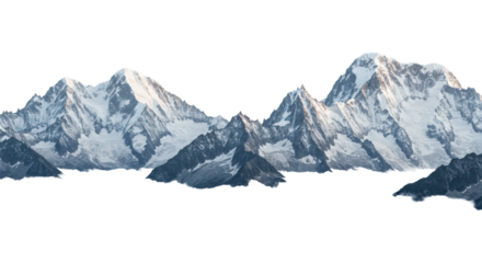 colossal granite peaks and crystalline ice, covered in snow, seen from an aerial high-key vista above ethereal stratus clouds on a white infinity background. monumental visual metaphor for overcoming