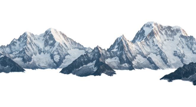 colossal granite peaks and crystalline ice, covered in snow, seen from an aerial high-key vista above ethereal stratus clouds on a white infinity background. monumental visual metaphor for overcoming