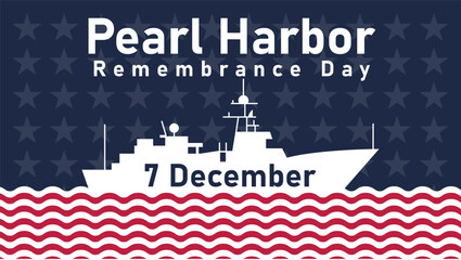 Pearl Harbor Remembrance Day Graphic with Navy Ship Silhouette and Red Wave Pattern for December 7 Tribute