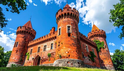 Low Angle View of a Red Brick Castle Under Bright Daylight