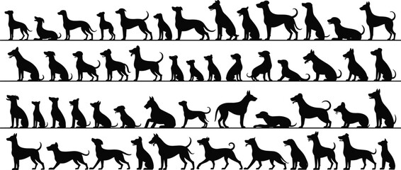 Dog silhouette collection, various canine poses including sitting, standing, walking, playful pet outlines, vector animal design set for projects