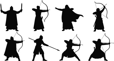 Fantasy warrior silhouette illustration set, medieval poses, black vector, sword, bow, spear, armor design, battle theme artwork