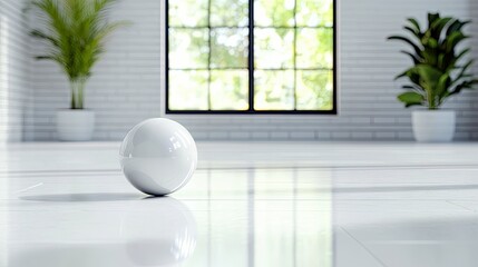 A single, smooth, white sphere rests on a highly reflective white floor. In the background, two potted green plants flank a large window with a grid pattern, th