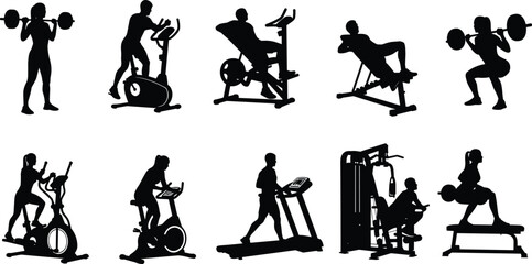 Gym exercise silhouette illustration set, black vector, fitness equipment poses, workout theme, treadmill, bike, barbell, elliptical