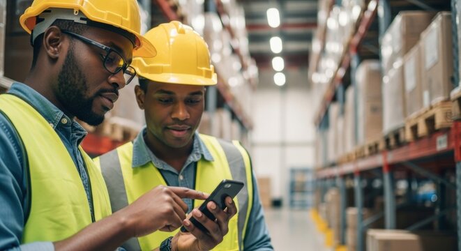Two professional warehouse workers in hard hats and safety vests collaborate while looking at a smartphone, managing inventory in a large distribution center - Powered by Adobe
