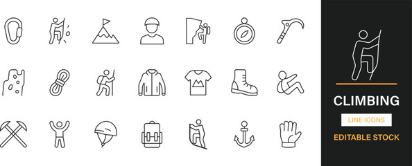 Climbing editable line icons pack. Mountain, hiking, adventure, summit, rope, gear, harness, helmet, cliff, ascent, trail, outdoor, expedition and more icons. © RAIHANAJUNNT