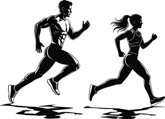 Running athlete silhouette illustration, male and female, black vector, fitness motion, training theme, sportswear artwork, dynamic pose