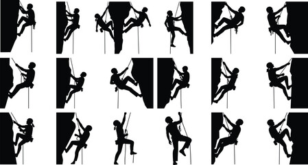 Rock climbing silhouette illustration set, rope and harness poses, black vector, sport technique, adventure theme, fitness artwork