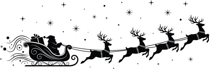 Santa sleigh silhouette illustration, flying reindeer, black vector, Christmas theme, festive night, holiday folklore, seasonal artwork