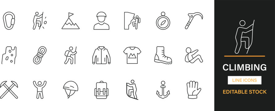Climbing editable line icons pack. Mountain, hiking, adventure, summit, rope, gear, harness, helmet, cliff, ascent, trail, outdoor, expedition and more icons.