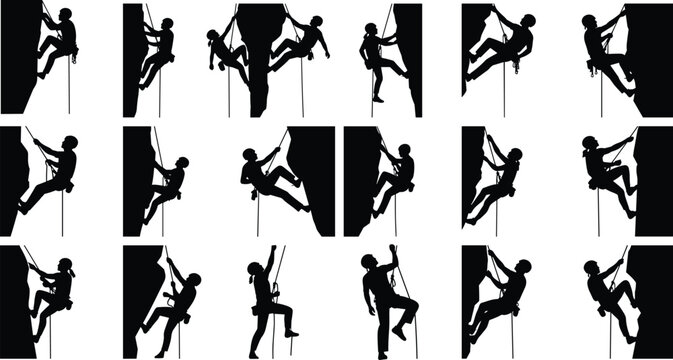 Rock climbing silhouette illustration set, rope and harness poses, black vector, sport technique, adventure theme, fitness artwork - Powered by Adobe