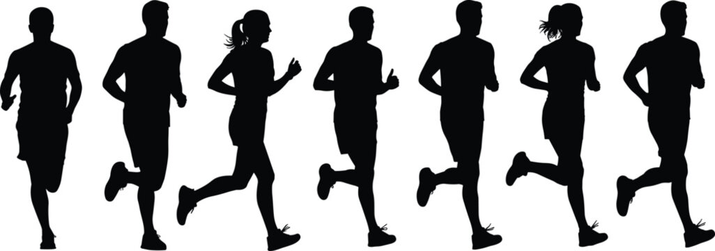 Running motion silhouette illustration set, stride stages, black vector, athletic pose, fitness theme, human movement, sports artwork