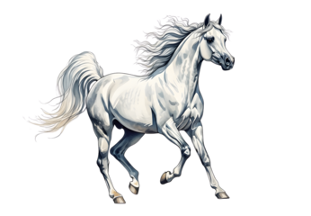 Majestic white arabian horse in motion against a black background
