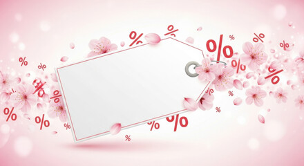 White price tag with cherry blossom petals and red percentage signs, modern spring sale and promotion concept