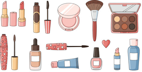 Set of beauty and makeup cosmetics products including lipstick, foundation, brush, eyeshadow, and mascara, symbolizing fashion, personal care, and glamour vector collection