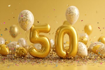 Golden Party Balloons and Confetti for 50th Birthday Bash