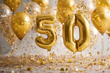 Background of Glittering Golden Party Confetti and Balloons