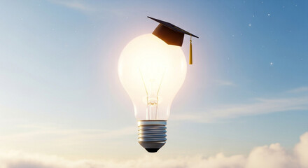 Lightbulb with graduation cap floating in sky, education innovation and learning inspiration