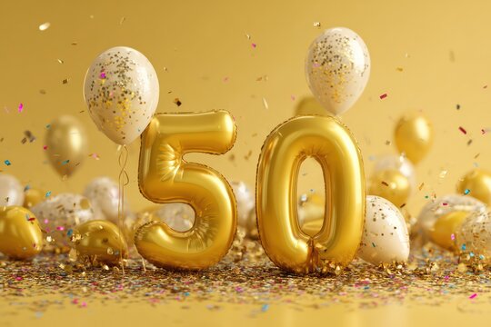 Golden Party Balloons and Confetti for 50th Birthday Bash
