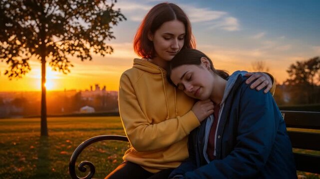 Two young women sitting on bench embracing at sunset