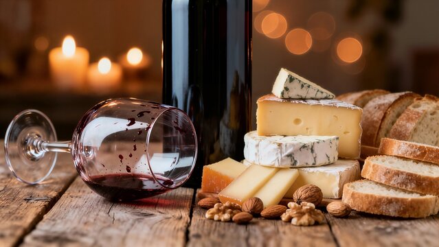 Red wine spilled from a glass next to a bottle, a selection of cheese, nuts, and sliced bread on a rustic wooden table with candles. - Powered by Adobe
