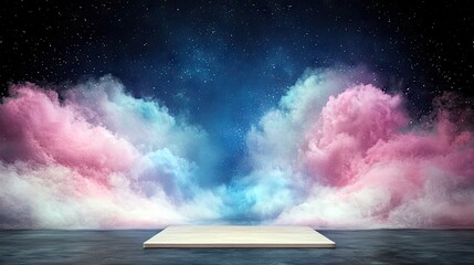 A minimalist, empty wooden stage platform sits on a dark, textured floor, framed by swirling, colorful clouds of pink, blue, and white against a backdrop of a s
