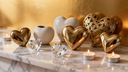 A romantic display of gold and ceramic hearts, shimmering crystal hearts, and small burning candles on a marble surface with a golden background.
