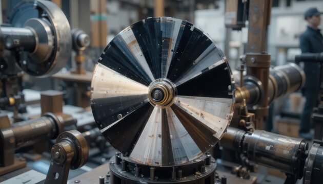 Complex industrial machine with rotating blades and metallic components under operation inside a