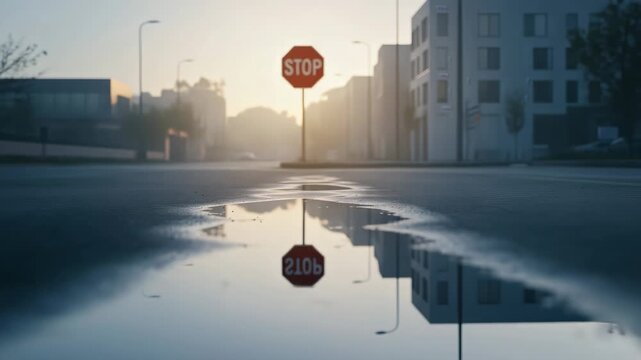 Empty urban street with a red stop sign and its reflection in a water puddle on the wet asphalt after rain, creating a mysterious and atmospheric scene with a cinematic feel at sunset