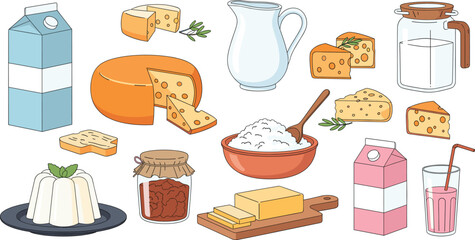 Set of dairy and breakfast food items including milk, various cheeses, butter, jam, and dessert, symbolizing healthy organic farm products and morning nutrition concept