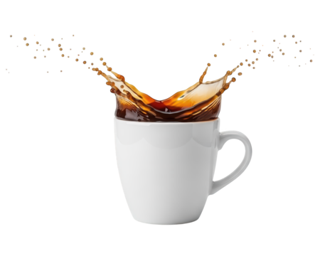 Dynamic splash of dark liquid captured midair above a plain ceramic mug