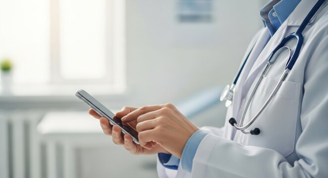 Professional doctor in a white lab coat with a stethoscope around their neck using a smartphone for telehealth consultation in a bright, modern clinic