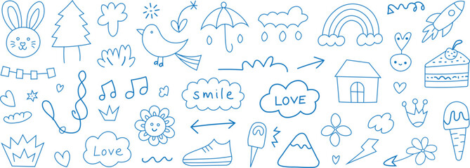 Adorable child backdrop line icons of a tree, cloud, and flower.  Kid art element pattern in a hand-drawn doodle sketch.  Children sketch backgrounds of flowers, animals, and clouds.  Vector set