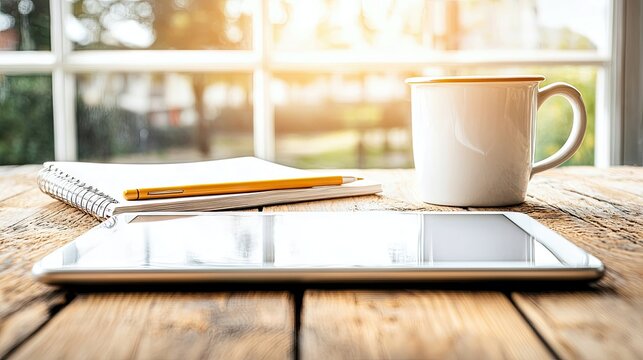 A tablet computer, a spiral-bound notebook with a yellow pencil, and a white coffee mug are arranged on a rustic wooden table. Sunlight streams in through a win