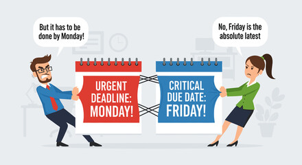 Colleagues in humorous time-management conflict with giant calendar, workplace deadline challenges and office teamwork in scheduling