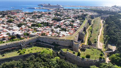 Fototapeta premium Aerial drone photo of popular for tourists Medieval fortified old town of Rhodes island featuring nice restaurants and ancient sites an Unesco World Heritage, Dodecanese, Greece