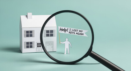 Magnifying glass focusing on paper house with tiny figure holding banner, humor and everyday mishap concept