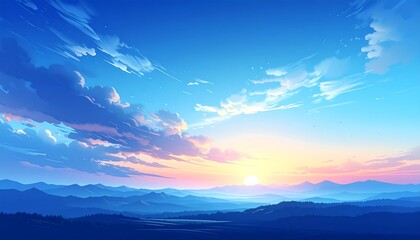 A vibrant sky painting with a bright sunset, clouds in the sky, and a range of blue mountains. The color palette transitions beautifully