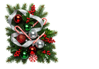 complex flat lay christmas corner decoration featuring emerald fir, red berries, silver ribbon, metallic baubles, and striped candy canes on white copy space. traditional holiday greeting concept