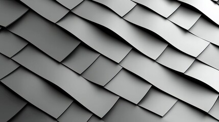 A close-up, abstract view of overlapping, wavy, metallic scales or tiles arranged in a diagonal pattern, creating a sense of depth and movement.